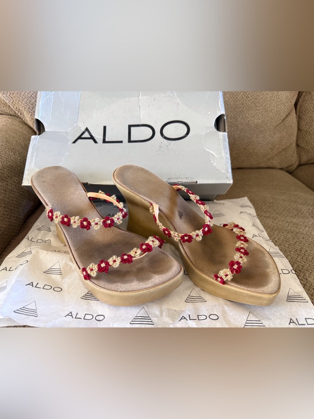 ALDO Gold Wedge Sandals with Red & Cream Floral Straps RARE Vintage